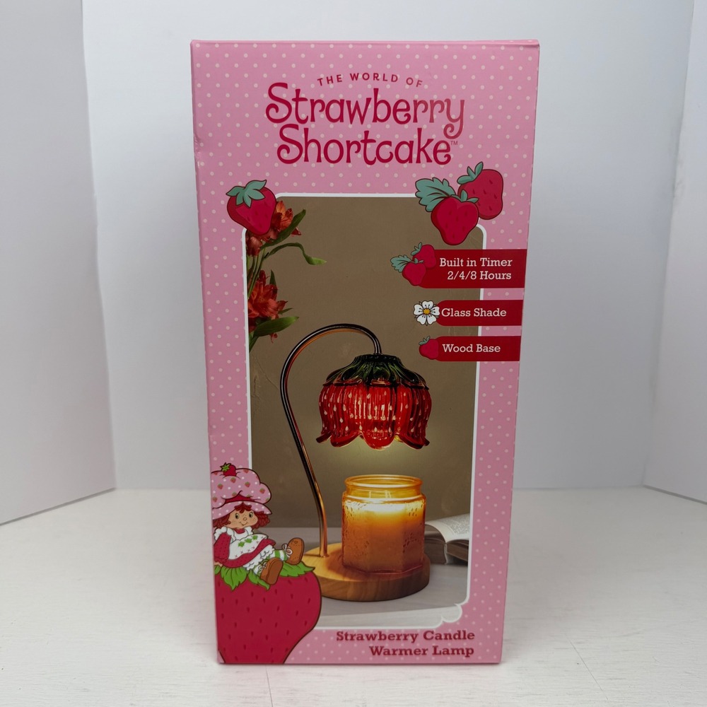 Strawberry Shortcake Candle Warmer Lamp Red Glass Shade Wood Base Timer